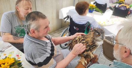 Gast der Herzen: Uhu Klaus zu Besuch beim Sommerfest im Seniorenzentrum Am Herzogschloss in Sulzbach-Rosenberg