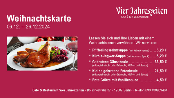 Vorschau auf die Weihnachtskarte vom 06.12. - 26.12.2024 im Café & Restaurant Vier Jahreszeiten in der Seniorenresidenz Bölschestraße