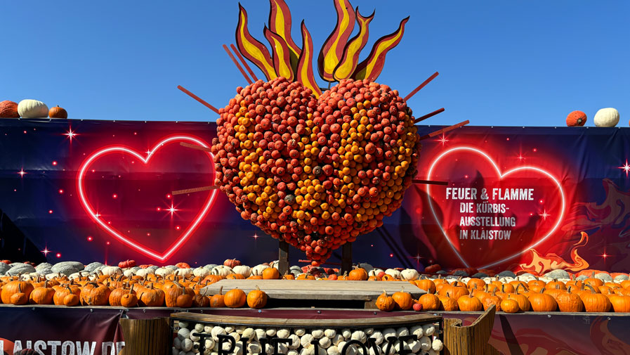 Eine beeindruckende Herzskulptur aus Kürbissen, umgeben von flammenden Effekten, verkörpert das Motto der Ausstellung „Flammen, Funken, Kürbisfeuer“. Ein faszinierendes Kunstwerk, das die Besucher*innen in Staunen versetzt!