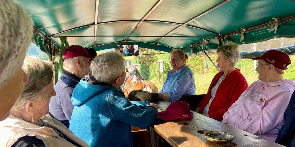 Die Bewohner*innen des ProCurand Pflegestifts St. Ulrich haben viel Spaß in der Kutsche und unterhalten sich angeregt. Sie genießen die Fahrt durch Lam und die schöne Landschaft, während sie sich miteinander austauschen.