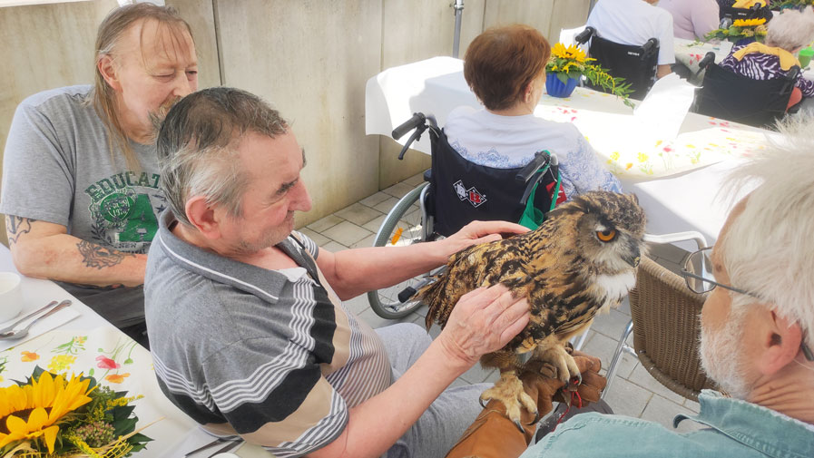 Gast der Herzen: Uhu Klaus zu Besuch beim Sommerfest im Seniorenzentrum Am Herzogschloss in Sulzbach-Rosenberg